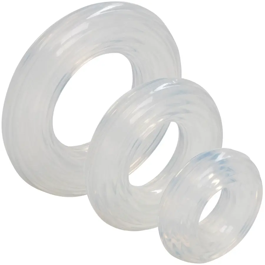 CalExotics Premium Silicone Cock Ring Set, three sizes.