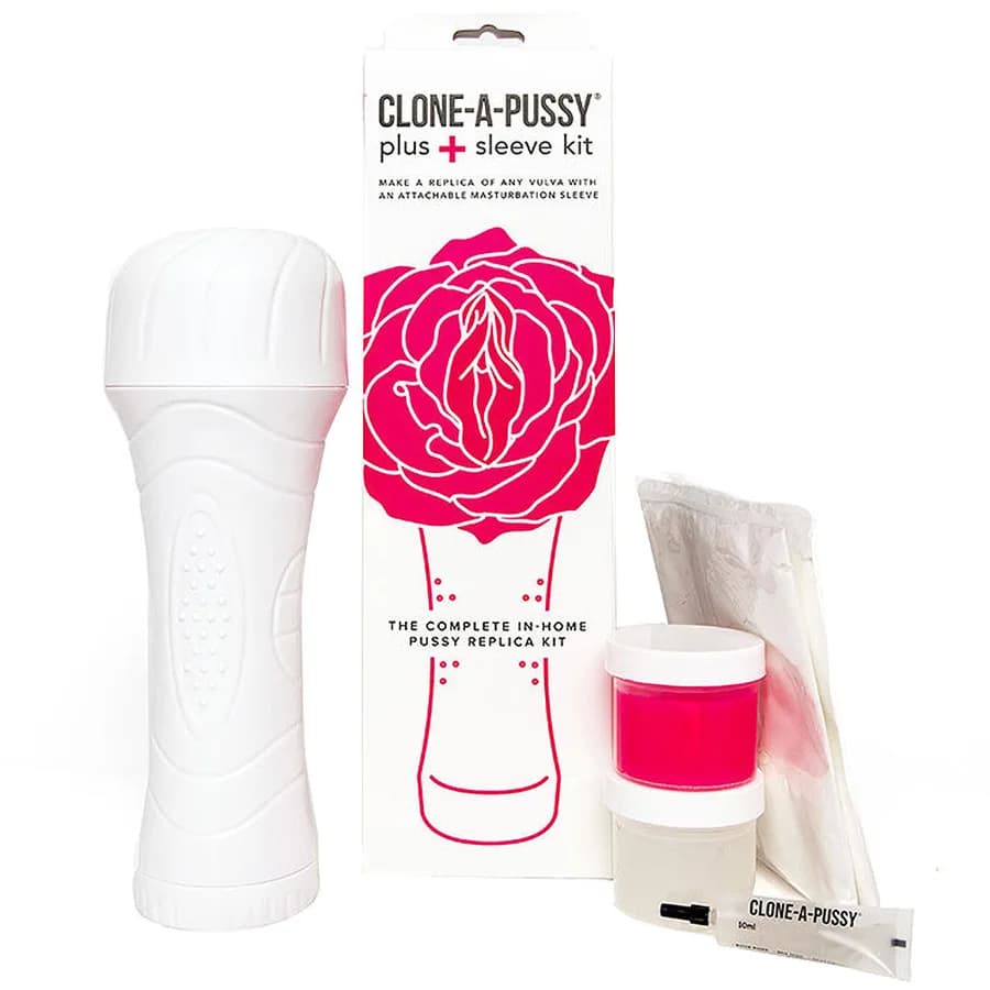 Clone-A-Pussy Plus kit in hot pink with the case and stroker sleeve.