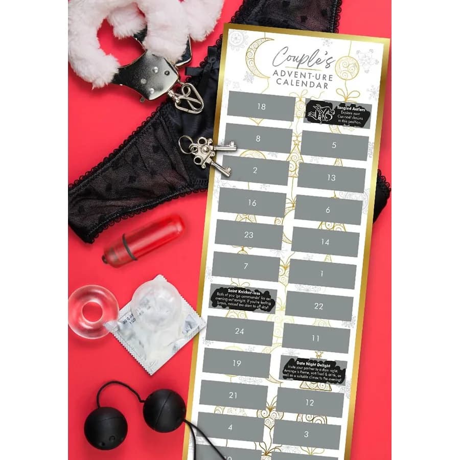 The Couple's Advent-ure Scratch Calendar, a black card with numbered scratch-off squares.