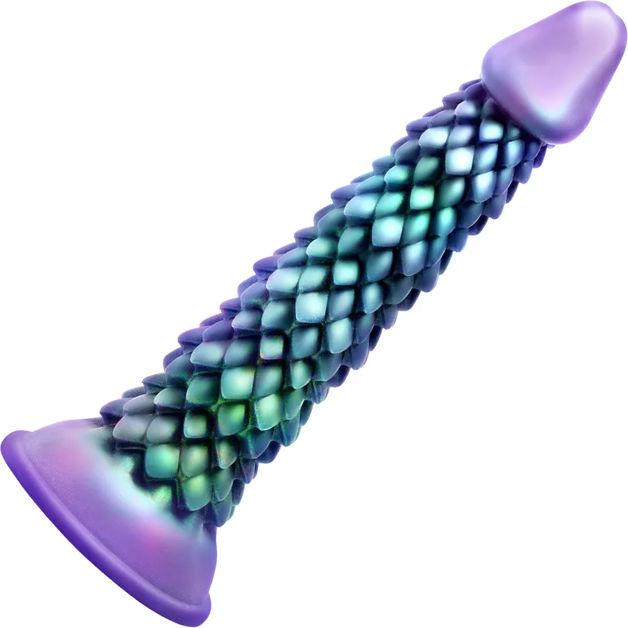 Creature Cocks Majestic Eryndor scaled silicone dildo in iridescent pearl and purple.
