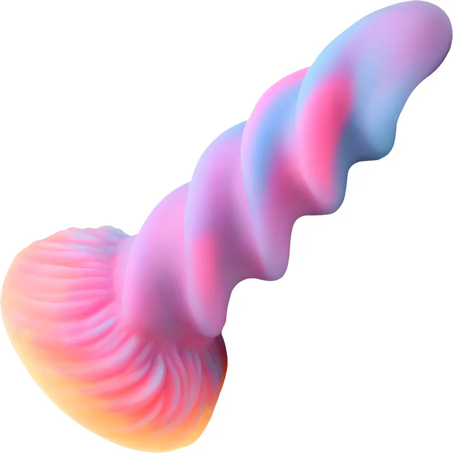 Creature Cocks Moon Rider spiral unicorn dildo in purple, blue, pink and yellow on a suction cup base.