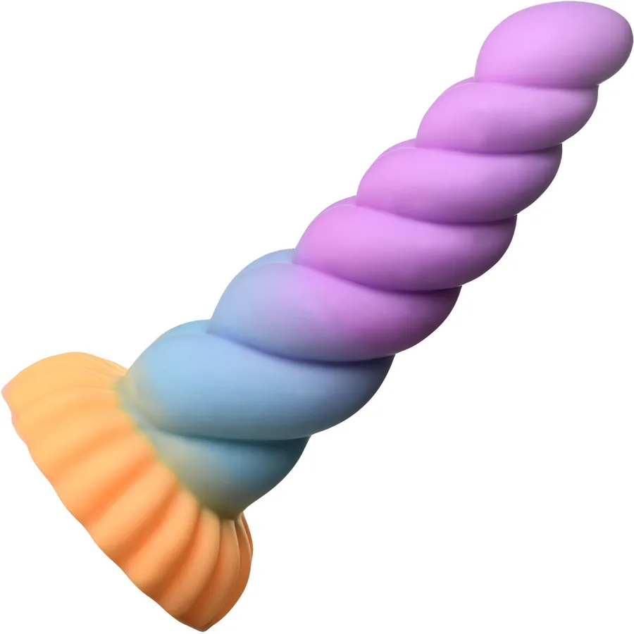 Creature Cocks Mystique Unicorn curvy bumpy dildo in pastel rainbow colors on a suction cup.