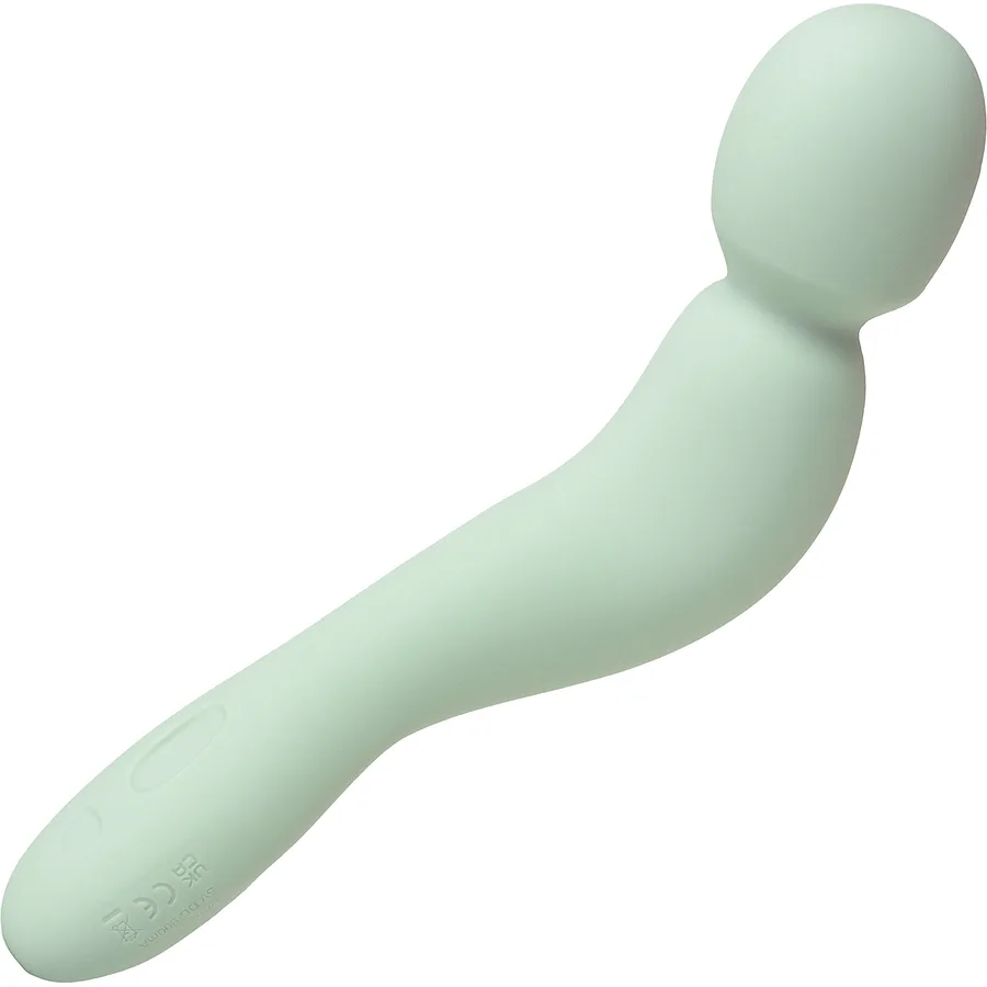 Dame Com rechargeable wand vibrator in sage green silicone with a curved handle.