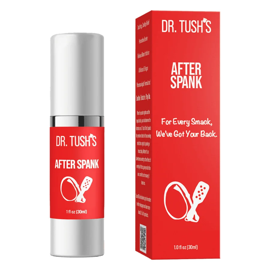 Dr. Tush's After Spank cooling aftercare gel in a red and silver 1 oz pump bottle beside its box.