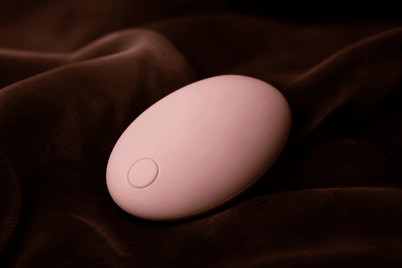 Editorial sample. Palm-sized dusty-pink pebble massager with one button on dark velvet.
