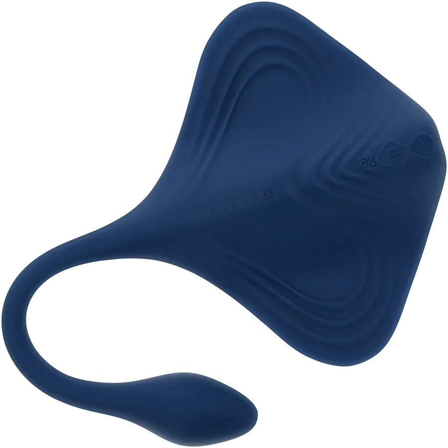 Gender X Daily Grind vibrating silicone grinder in navy with flexible wings and a tapered tail plug.
