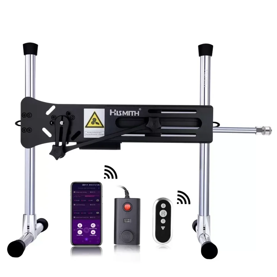 Hismith Premium 3.0 Pro sex machine with its phone app, wired speed controller and wireless remote.
