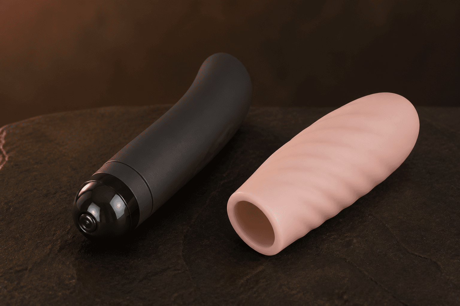 Editorial sample. Charcoal massager core beside a removable blush silicone sleeve.
