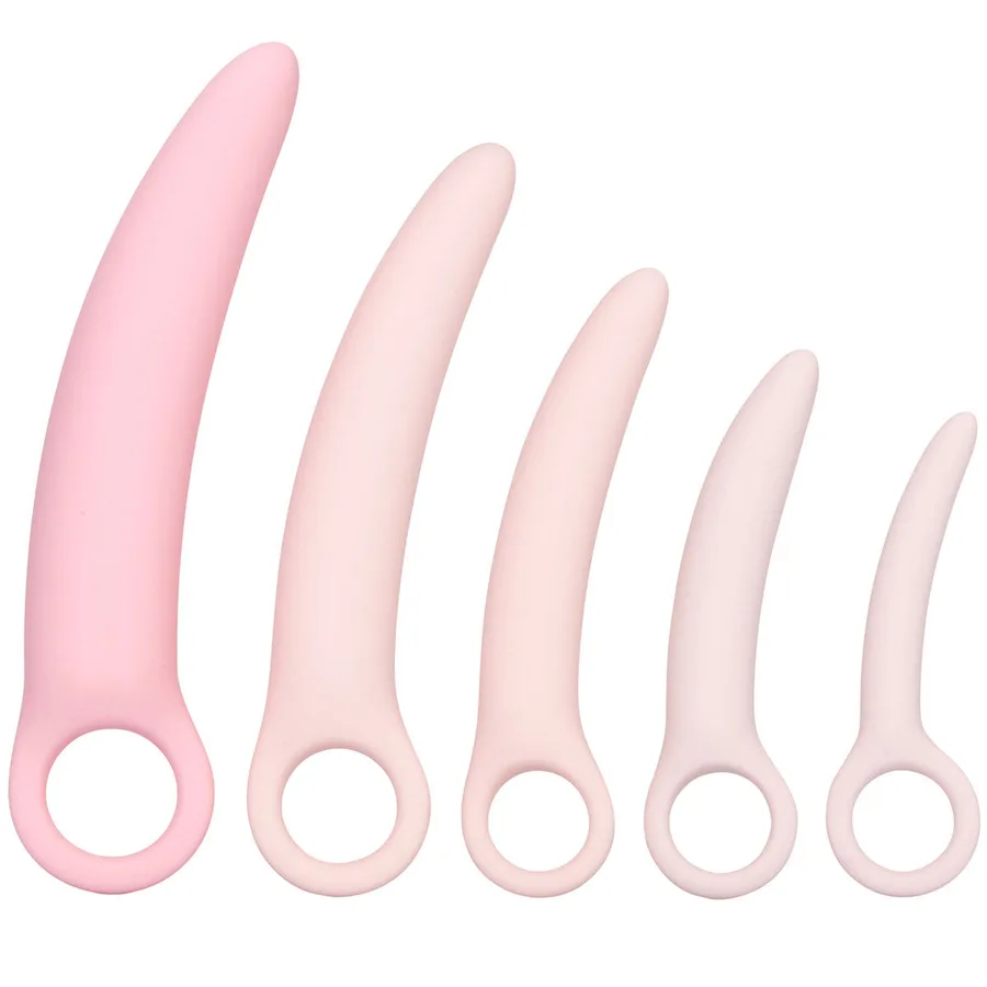 Inspire silicone dilator kit, five pale pink curved dilators in graduated sizes with finger loops.