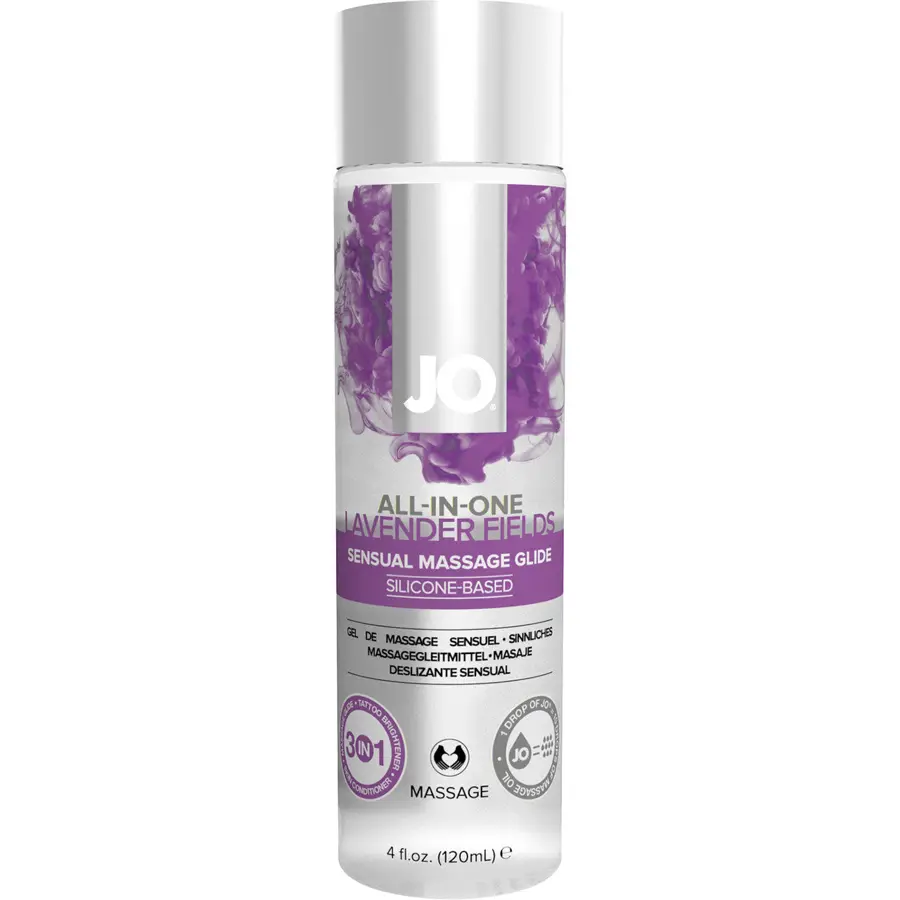 JO All-In-One silicone sensual massage glide Lavender Fields, 4 fl oz.