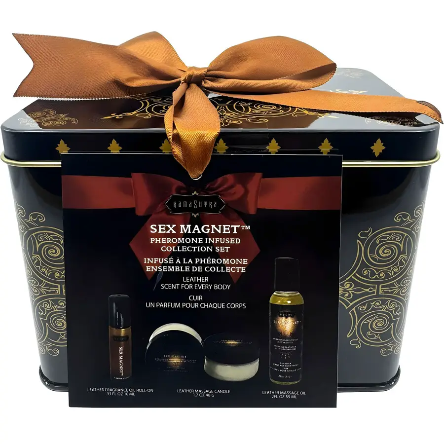 Kama Sutra Sex Magnet Leather pheromone gift set with mini candle.