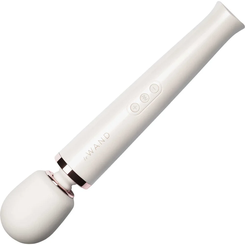 Le Wand Rechargeable wand massager in pearl white with a rose-gold collar, on white.