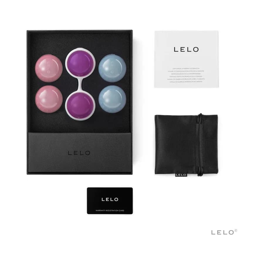LELO Beads Plus kegel set with interchangeable beads in blue, pink and purple and a silicone harness.