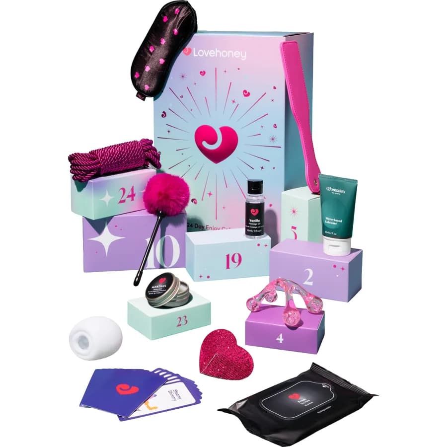 Lovehoney Enjoy 24-Day Advent Calendar 2026, a pastel box with its toys, lube and cards laid out in front.