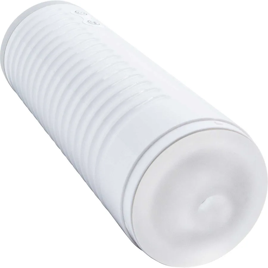 Lovense Max 2 app-controlled penis masturbator in white with a ribbed shell.
