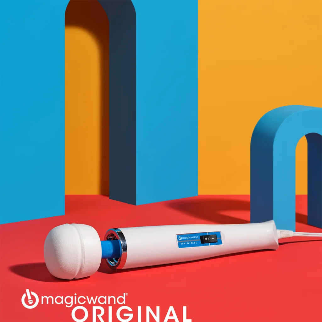 Official Magic Wand Original HV-260. White head, blue neck, corded handle.
