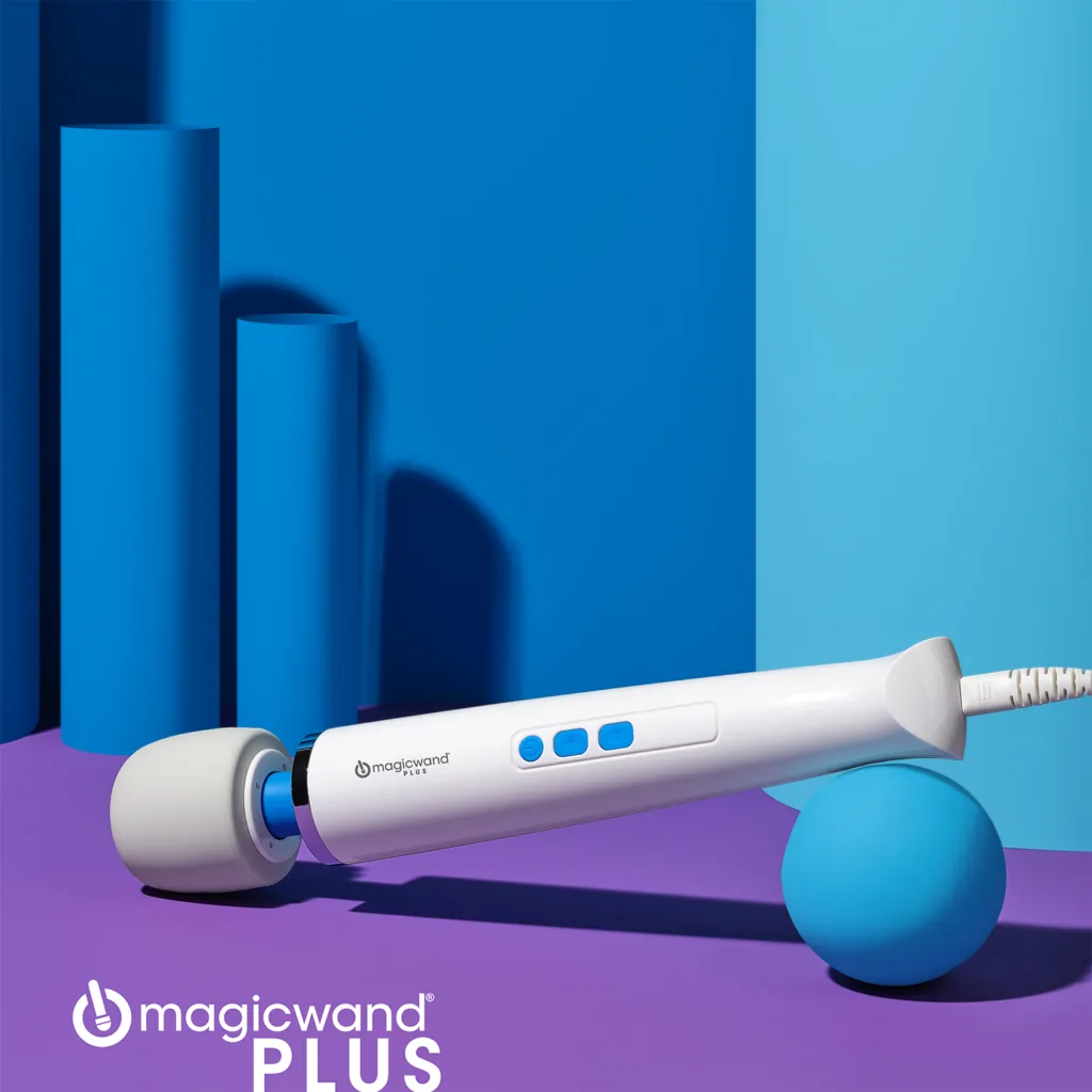 Official Magic Wand Plus HV-265. White head, blue neck, corded handle on white.
