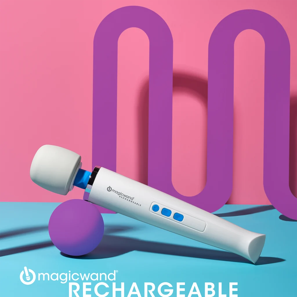 Official Magic Wand Rechargeable HV-270. White silicone head, blue neck, white handle.