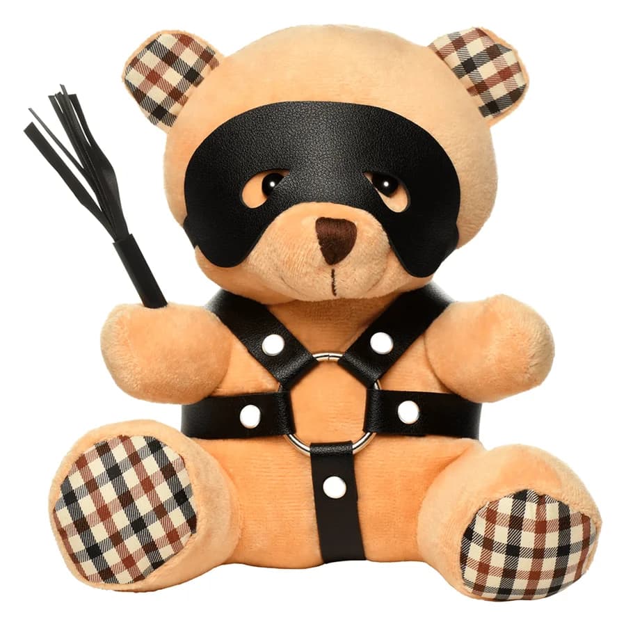 Master Series BDSM Teddy Bear Plush with a black eye mask, a harness and a tiny flogger.