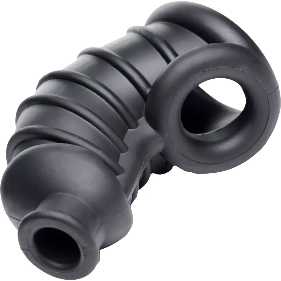 Master Series Dark Chamber silicone chastity cage in black.