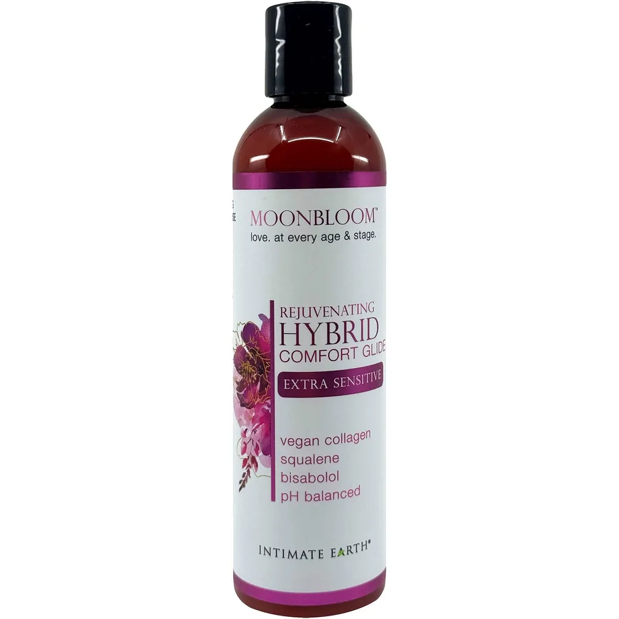 Moonbloom Menopause Rejuvenating Hybrid Comfort Glide Extra Sensitive in a clear bottle with a purple label.