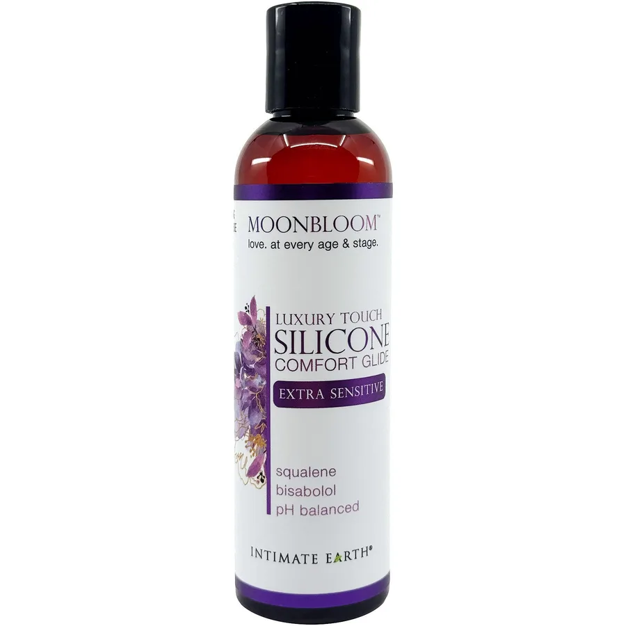 Moonbloom Menopause Luxury Touch Silicone Comfort Glide Extra Sensitive in a dark bottle.