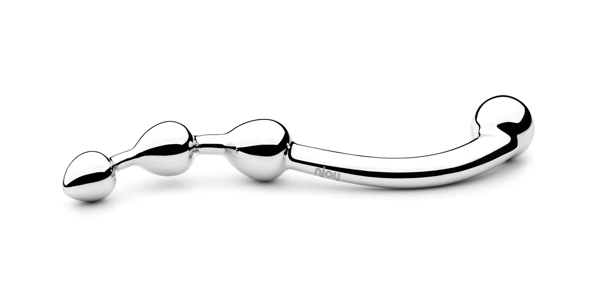 Official njoy Fun Wand product photo. Stainless wand with extra bends on a wide studio background.