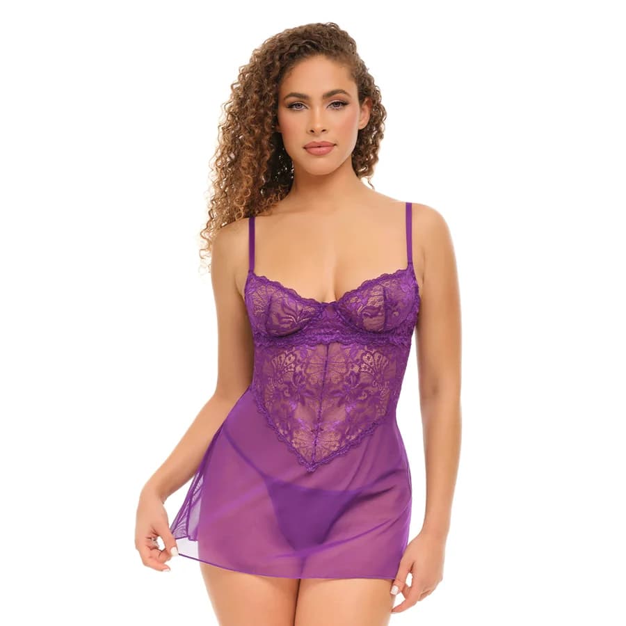 Oh La La Cheri Underwire Floral Babydoll in imperial purple lace and sheer mesh, worn by a model.