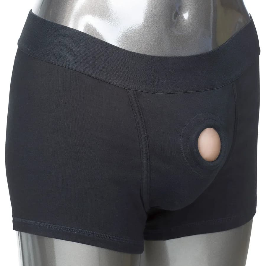 Packer Gear black boxer brief packing harness with a front O-ring.