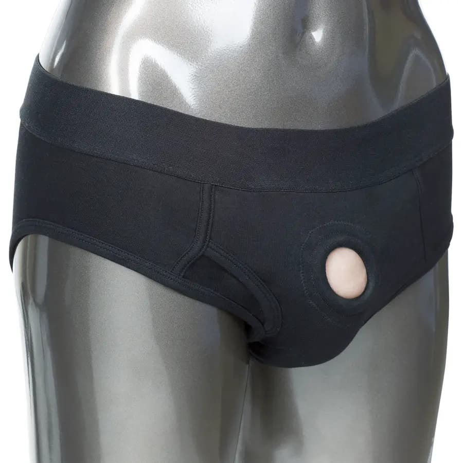 Packer Gear black brief packing harness by CalExotics, medium/large.