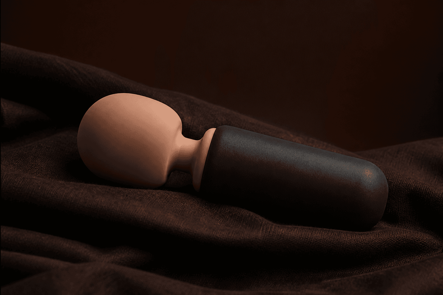 Editorial sample. Shorter wand with a nude silicone head and charcoal handle on dark linen.