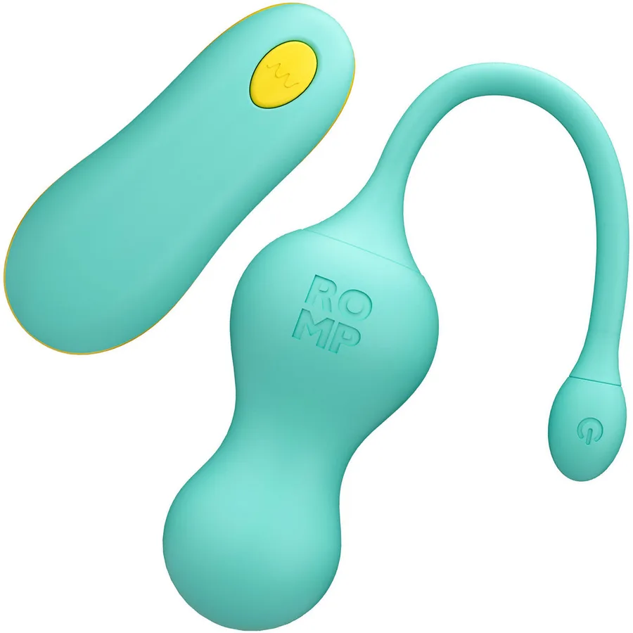 ROMP Cello remote control vibrating egg in teal silicone with its remote.