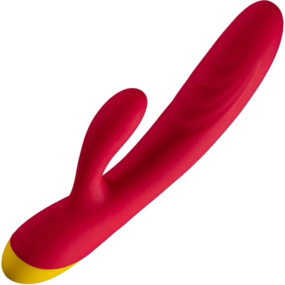 ROMP Jazz silicone rabbit vibrator in berry red with a yellow base.
