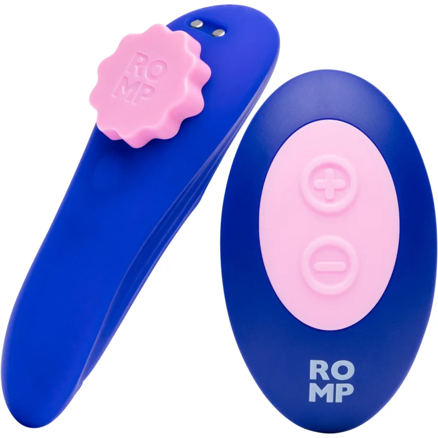 ROMP Party panty vibrator in blue with a flower-shaped tip and its round remote.