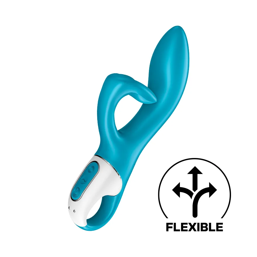 Official Satisfyer Embrace Me in turquoise. Rabbit vibrator, front view.