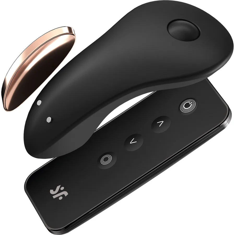 Satisfyer Little Secret panty vibrator in black with gold details and a magnetic clip.