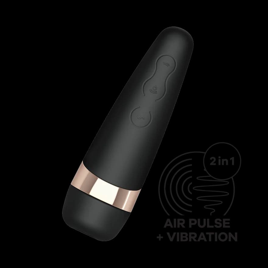 Official Satisfyer Pro 3+ air-pulse vibrator, front view on white.