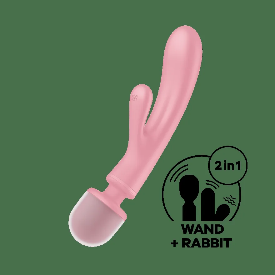 Official Satisfyer Triple Lover in pink. Triple-stim rabbit, front view.