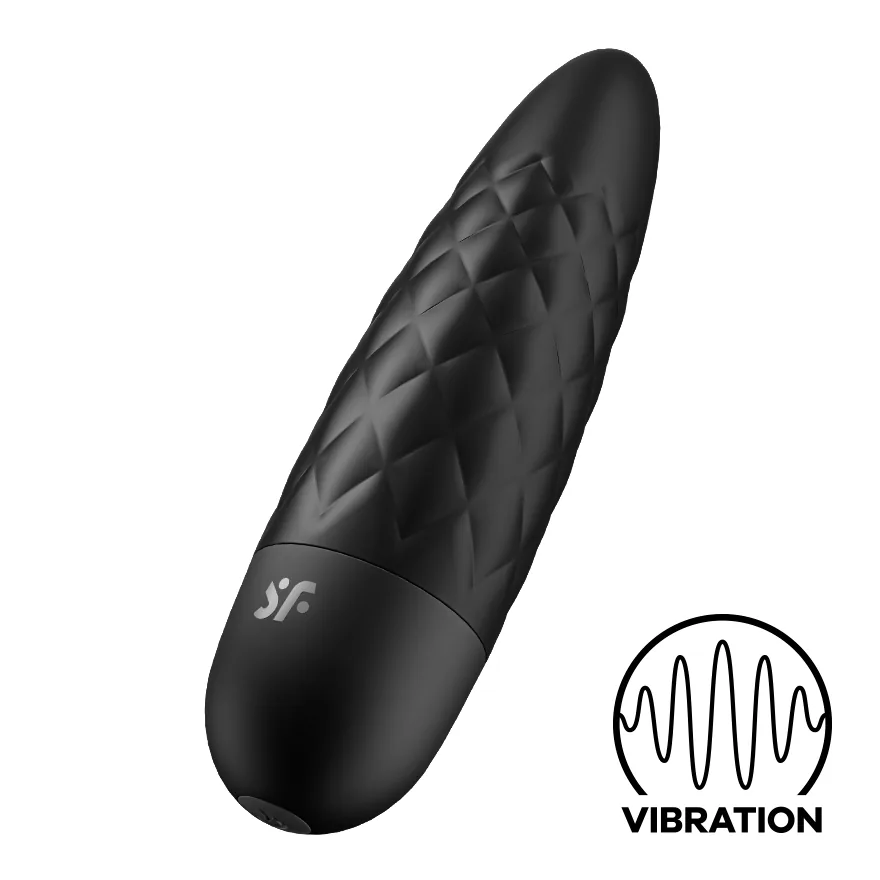 Official Satisfyer Ultra Power Bullet 5 in black. Slim mini bullet, front view.