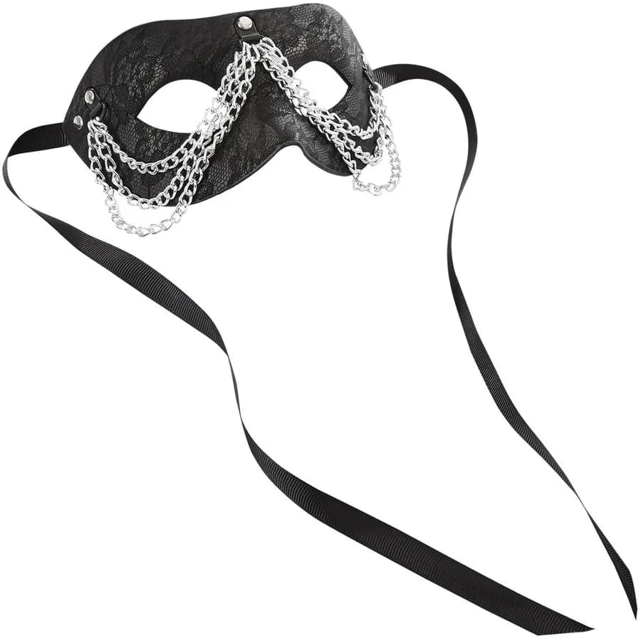 Sportsheets Sincerely Chained Lace Mask in black lace with draped chains and satin ties.