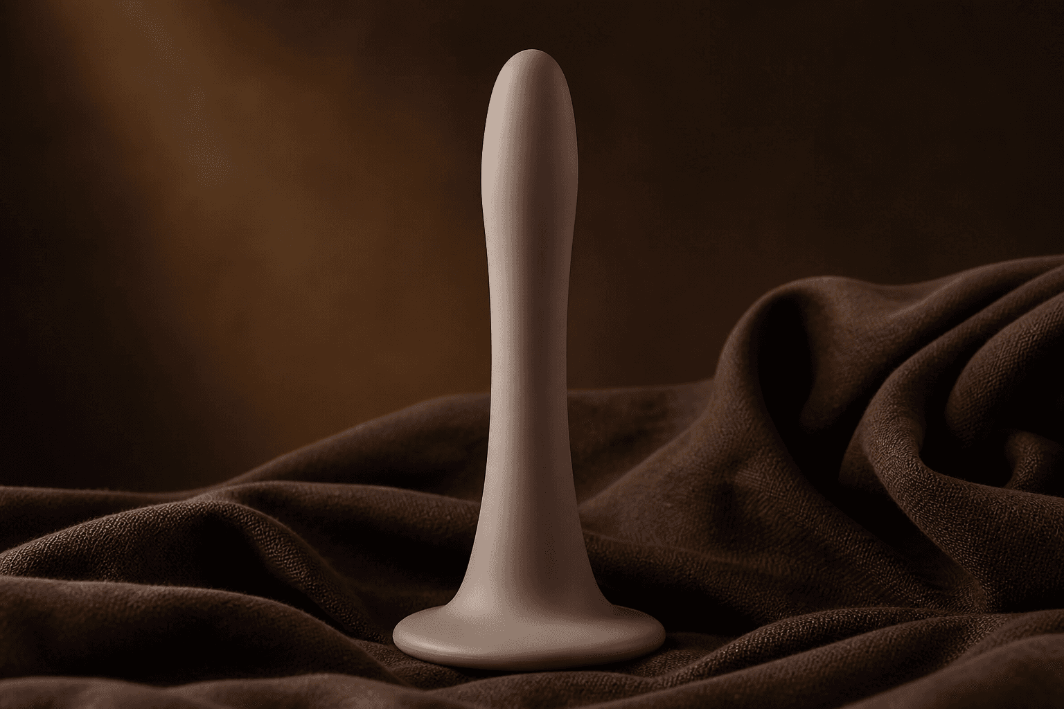 Editorial sample. Slim taupe silicone toy with a flared disc base on dark linen.