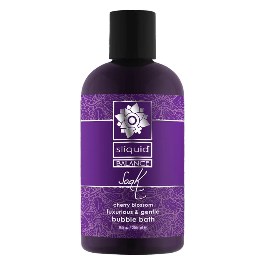 Sliquid Balance Soak cherry blossom bubble bath in a purple 8.5 oz bottle.