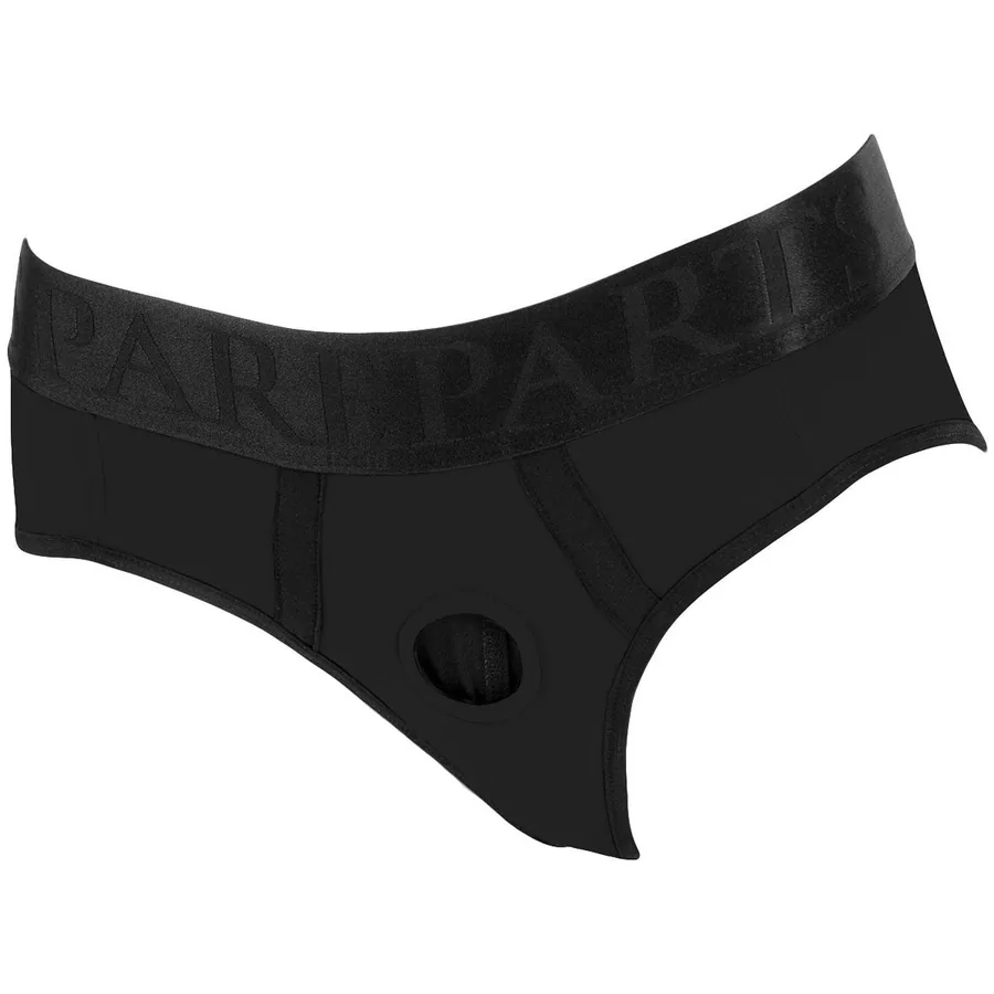SpareParts Tomboi Classic harness briefs in black, an athletic brief with a front O-ring.