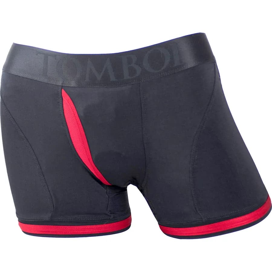 SpareParts Tomboii harness boxer briefs in black with red trim and two O-rings.