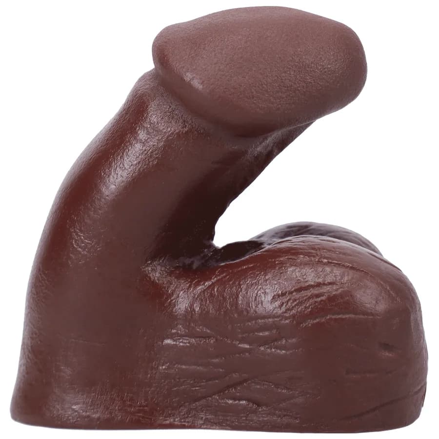 Tantus On the Go silicone packer in chocolate, a soft realistic shaft and testicles.