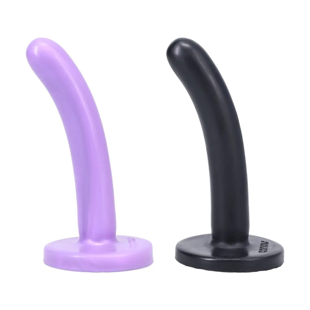 Official Tantus Silk Small. Slim platinum silicone insertables with flared bases on white.
