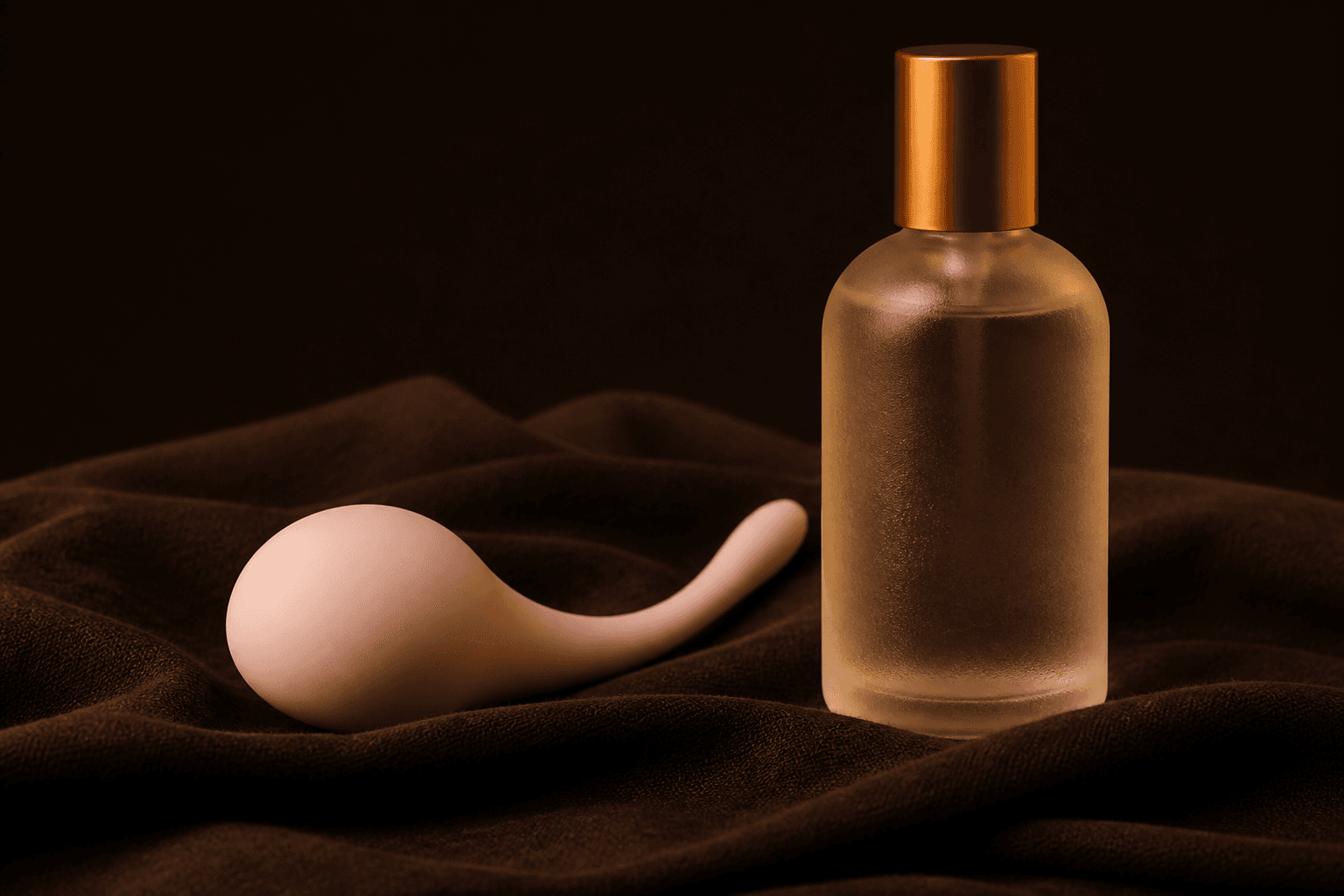 Editorial sample. Small blush pebble massager beside a frosted lube bottle on dark linen.