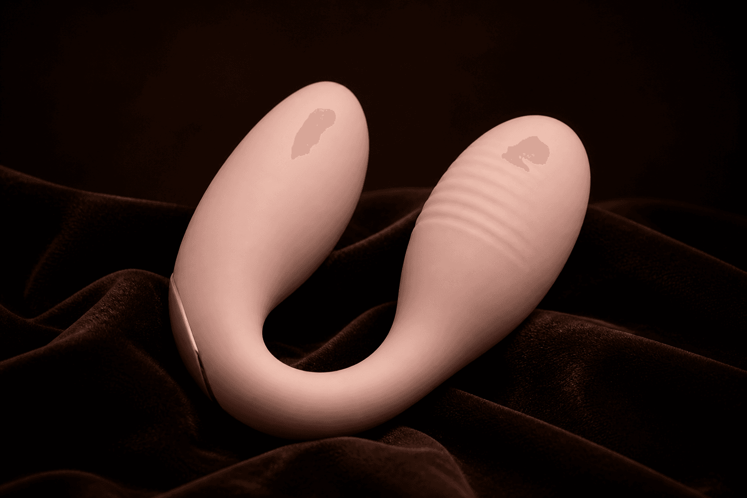 Editorial sample. Blush U-shaped dual-motor massager on dark velvet.