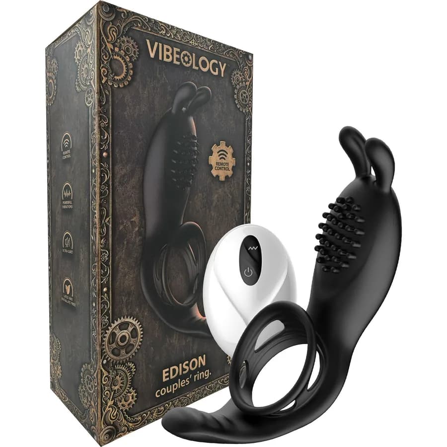 Vibeology Edison vibrating rabbit-style cock ring in silicone.