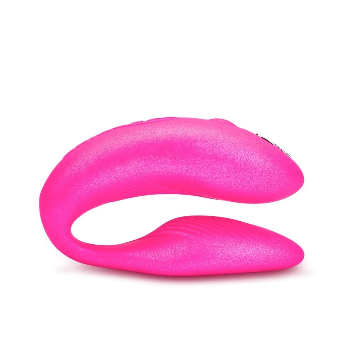 Official We-Vibe Chorus in Cosmic Pink. C-shaped wearable couples vibrator on white.